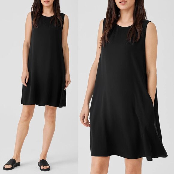 Eileen Fisher 100% Silk Georgette Crepe Round Neck Dress Black Petite XS PP $349 - Picture 1 of 14